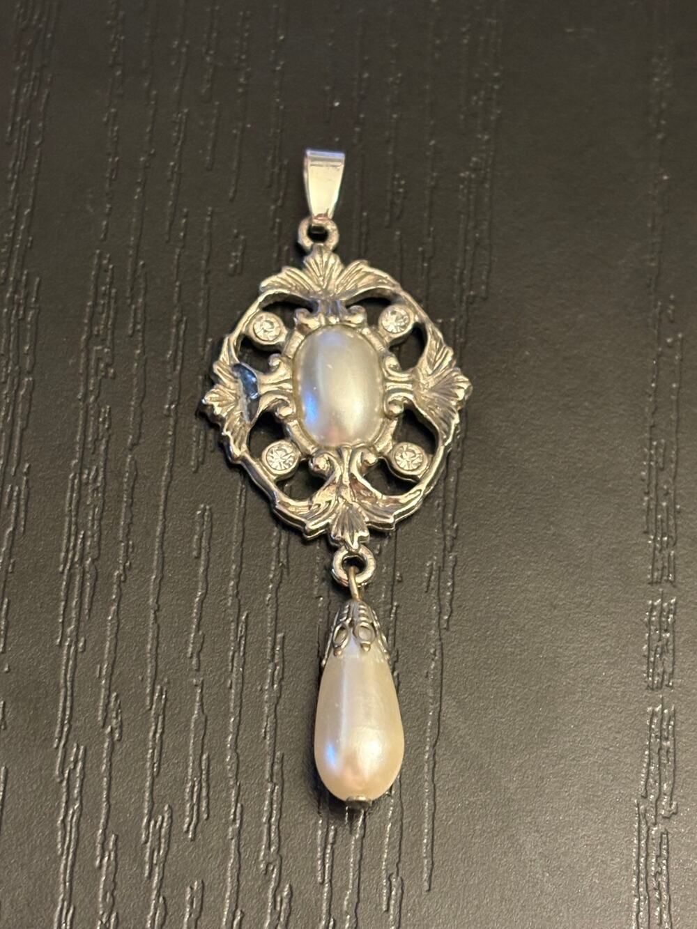 Art Nouveau Style Pendant, Faux Moonstone & Pearl Drop